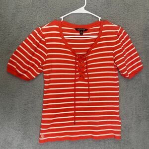 Ralph Lauren black label womens puff sleeve striped shirt waffle knit lace up S